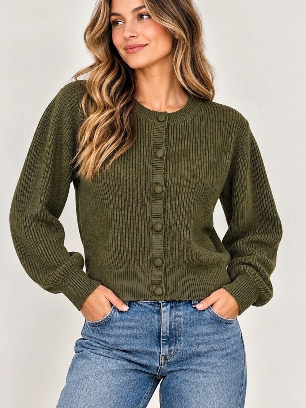 Cyrus Olive Ribbed Button-Front Sweater Size Small